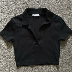 Zara Cropped Deep V Collared Shirt Black